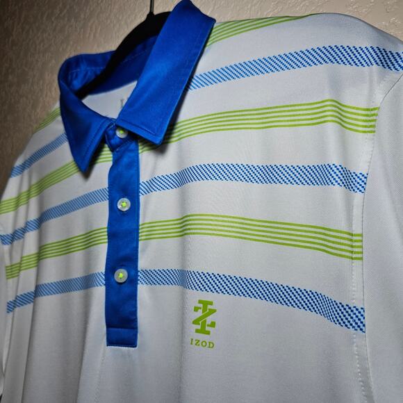 IZOD STRETCH GOLF GOLFING POLO SHIRT MENS LARGE WHITE GREEN BLUE EUC - Picture 2 of 12